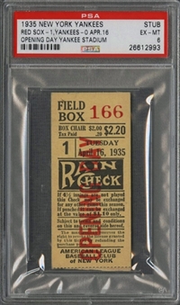 1935 New York Yankees Opening Day Ticket Stub (Rain Check)- Gehrig 1st Game as Captain (PSA/DNA EX-MT 6)